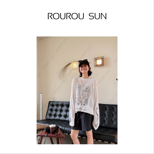 53921新款女装百搭美式复古卡通印花宽松长袖T恤