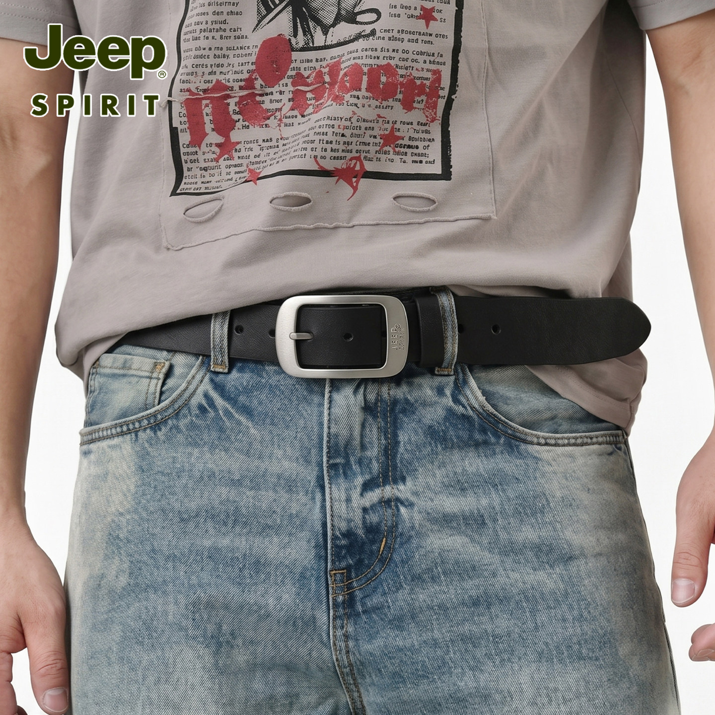 Jeep男士黑色真皮针扣百搭腰带