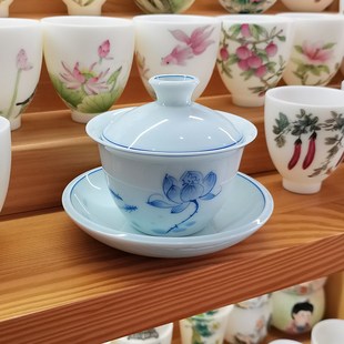 高档青花手绘可悬停三才盖碗功夫茶具泡茶碗单个家用泡茶杯敬茶碗