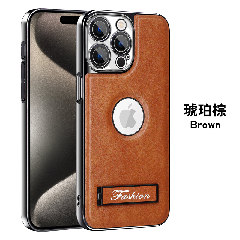 适用苹果16手机壳自带镜头膜iPhone15pro保护套i16pm全包边防摔promax高档时尚皮革por带折叠支架pr0后壳peo