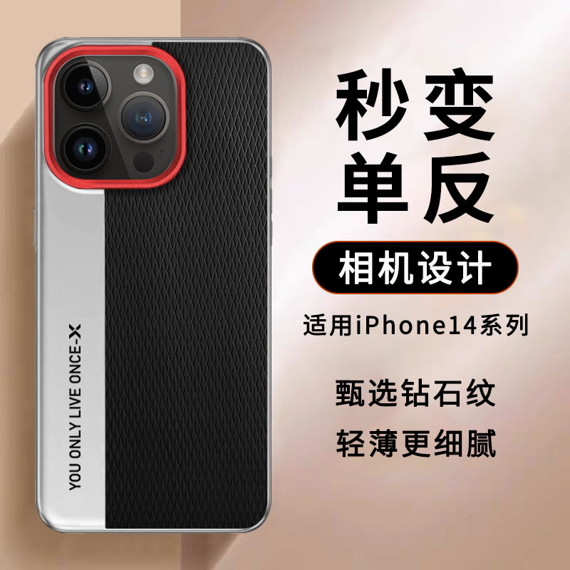 适用苹果14PR0手机壳新款镜头大孔iPhone14pro保护套ip14promax电镀银素皮双拼撞色pg创意秒变复古相机pm外壳