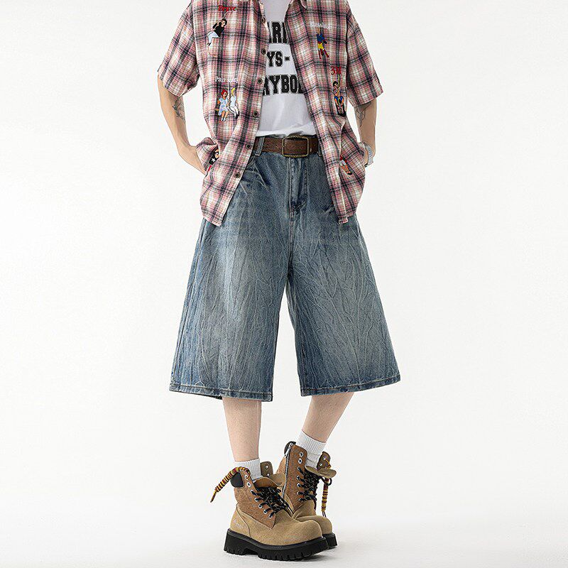 新品闪电纹七分牛仔短裤男款高街百搭夏季水洗阔R腿显瘦美式直筒