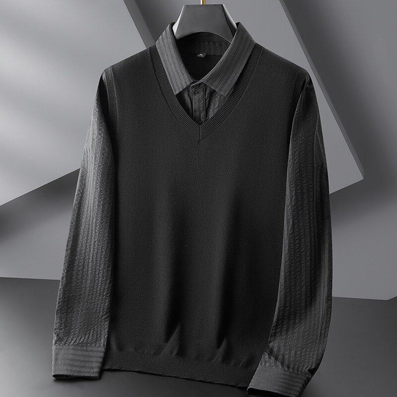 新品胖子假两件毛衣男大码商务休闲条纹衬衫长袖加肥加Y大宽松针