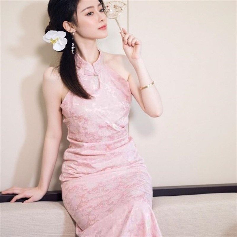 新品新中式中国风婚礼粉色挂脖晨袍E女新娘订婚结婚礼服改良旗袍