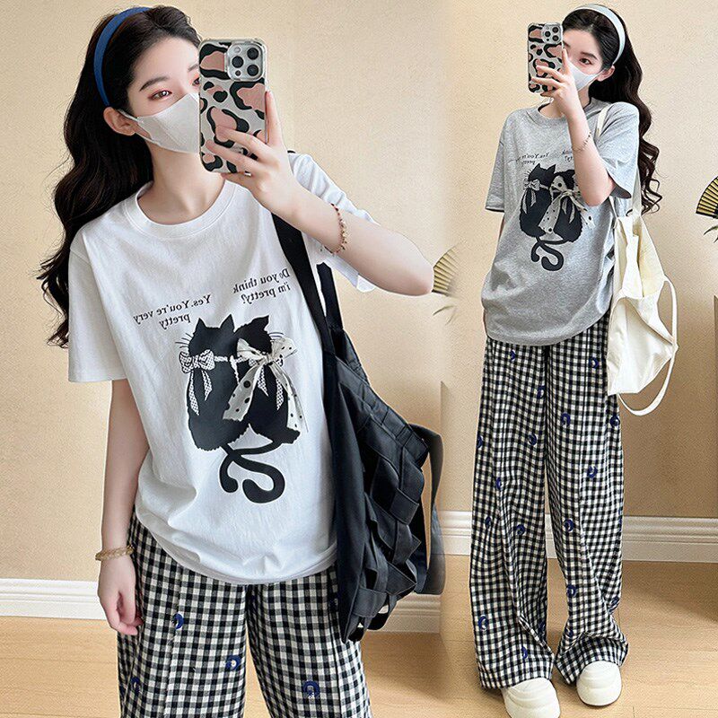 新品网红孕妇套装夏装时髦休闲运动孕妇装短袖T恤格子Z休闲裤子两
