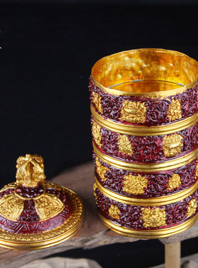 极速惠尔美黄g铜尼泊尔手工艺铸造仿古八吉祥米壶宝瓶四层五谷盒