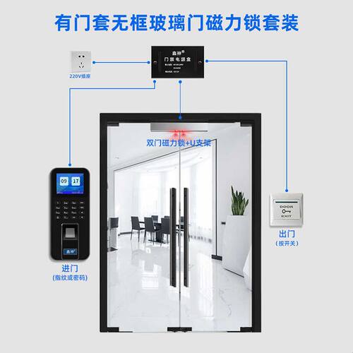 办公室双开无框玻璃门电磁锁门禁锁公司指纹锁刷卡密码磁力锁门禁