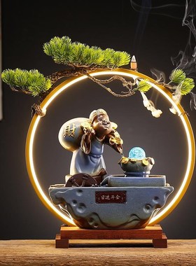 高端新中式招财流水循环装饰摆件茶w室客厅公司办公室前台桌面开