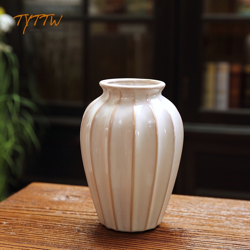 竖纹鼓形地中海风格釉面高档高温花器摆件