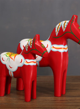 手绘红马摆件瑞典达拉木马红色木质对马家居客厅装饰小摆设工艺品