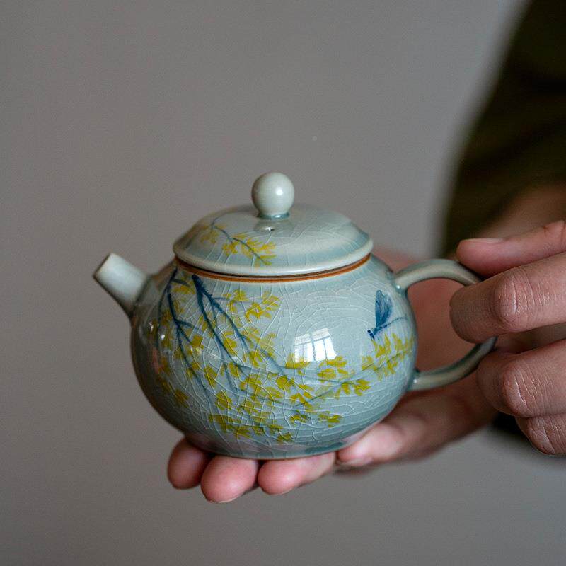 冰家片手枫叶手绘枫叶釉下彩开片瓷泡绘茶壶茶具一人中式用女陶陶