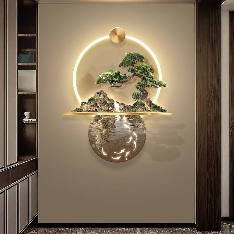 立体浮雕玄关装饰画流水生财新中式山水九鱼图挂画走廊过道壁灯画图片