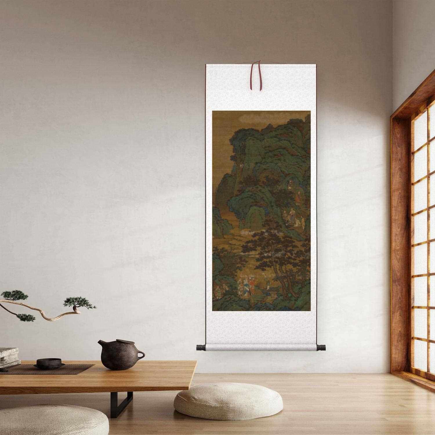 元代 商山四皓图绢本立轴设色中国复古名画人物画山水画微喷复制