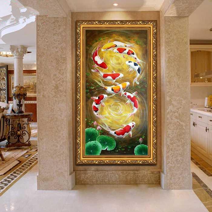 纯手绘油画玄关装画荷花鱼图新中式客厅廊走风水饰挂画DW201808锦