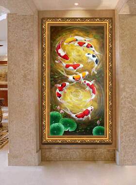 纯手绘油画玄关装画荷花鱼图新中式客厅廊走风水饰挂画DW201808锦