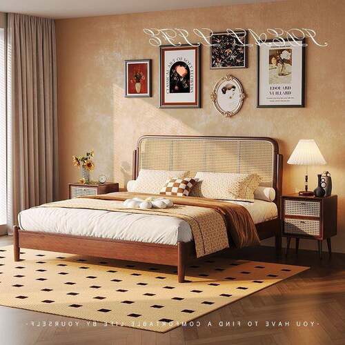 复古小藤实木床.5主卧床1.8双人床民宿户NFJ1型1编.2现代简约美式