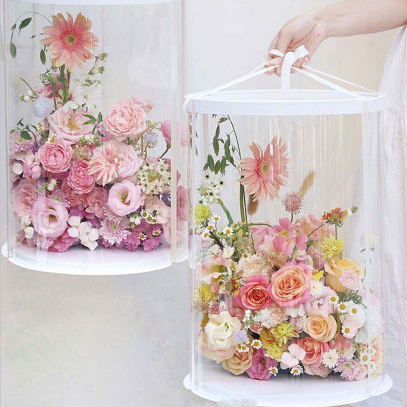 透明加高圆柱形花盒抱抱桶蛋糕花盒圆形抱抱桶花艺包装盒插花盒