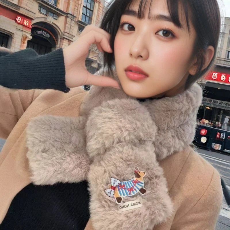 可爱腊肠！日系百搭毛绒围脖女冬季保暖护颈时尚交叉围巾学生潮L