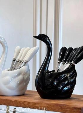 新款创意天鹅水果叉套装家用不锈