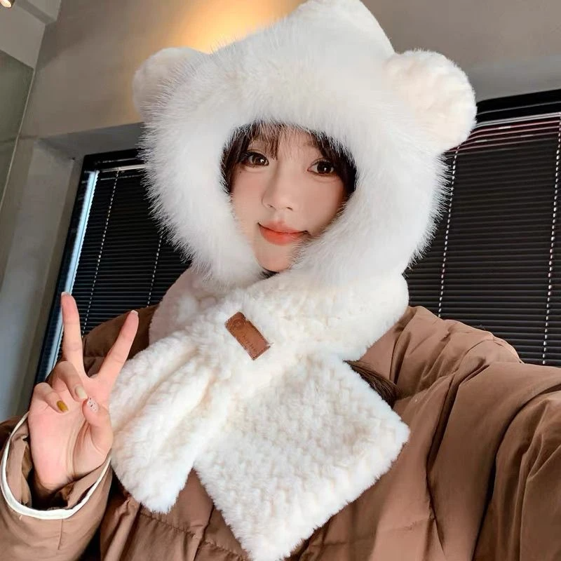 小熊帽子女冬季毛绒围巾一体骑车防寒风加厚保暖围脖连帽新款L