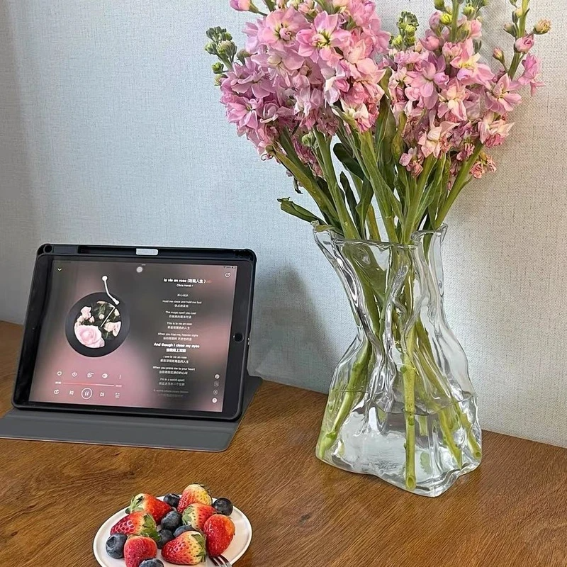 中式创意高级玻璃台面花瓶不规则透明亚麻装饰适用于现代客厅X