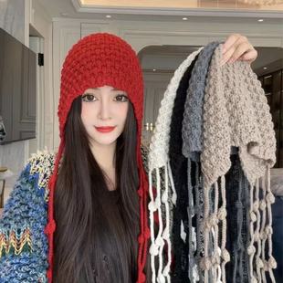 帽子川西旅游红色镂空针织包头女秋冬季 显脸小流苏毛线帽冷帽L