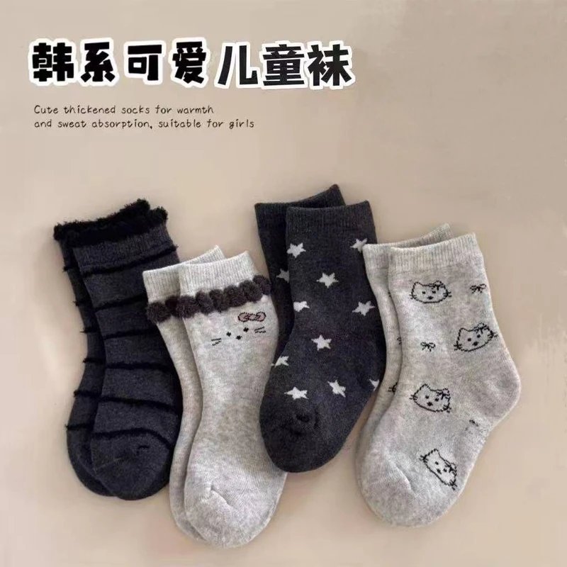 女童袜子冬季女童袜子卡通猫咪加厚女孩宝宝可爱公主中筒袜保暖M