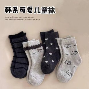 女童袜子冬季 女童袜子卡通猫咪加厚女孩宝宝可爱公主中筒袜保暖M