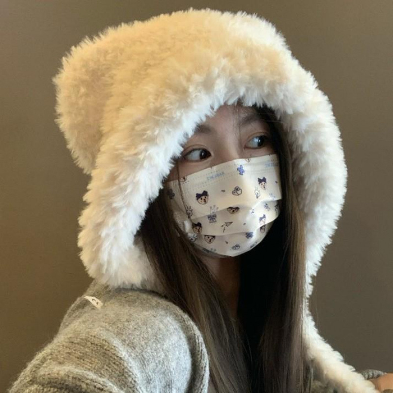 可爱立耳小熊毛绒帽子女秋冬保暖加绒加厚毛套头帽护耳雷锋帽X1