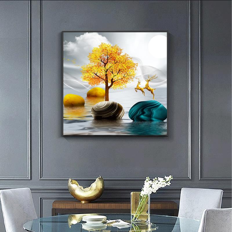 轻奢正方形玄关装饰画新中式走廊挂画客厅家和餐厅风景福鹿墙壁画图片