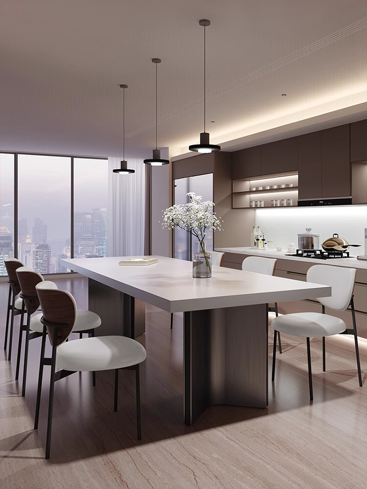 简约现代侘寂风覆古纯白下挂加厚岩板餐桌椅组合长方形大户型岛台