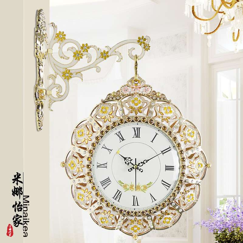 韩式时尚双面挂钟现代客厅大号静音时钟简约创意田园金属石英钟表