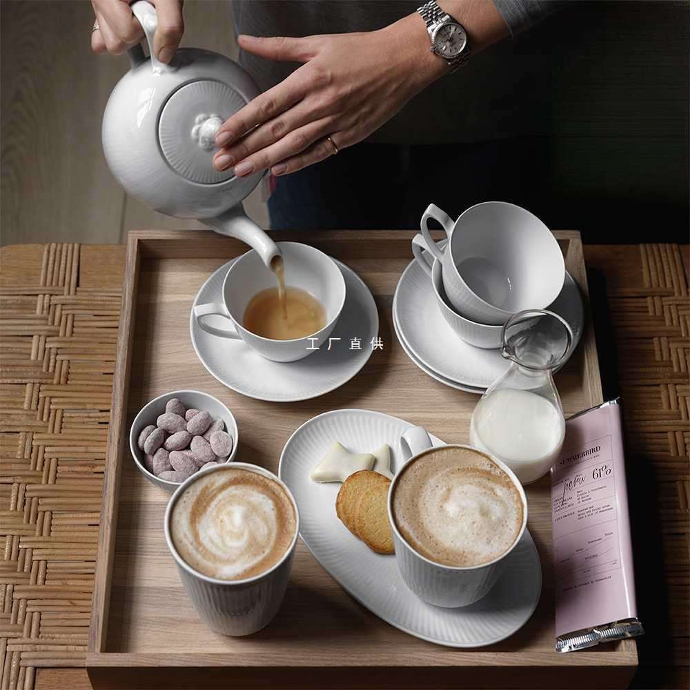 平边白瓷白色棱纹瓷餐具碗盘子杯碟组茶壶马克杯