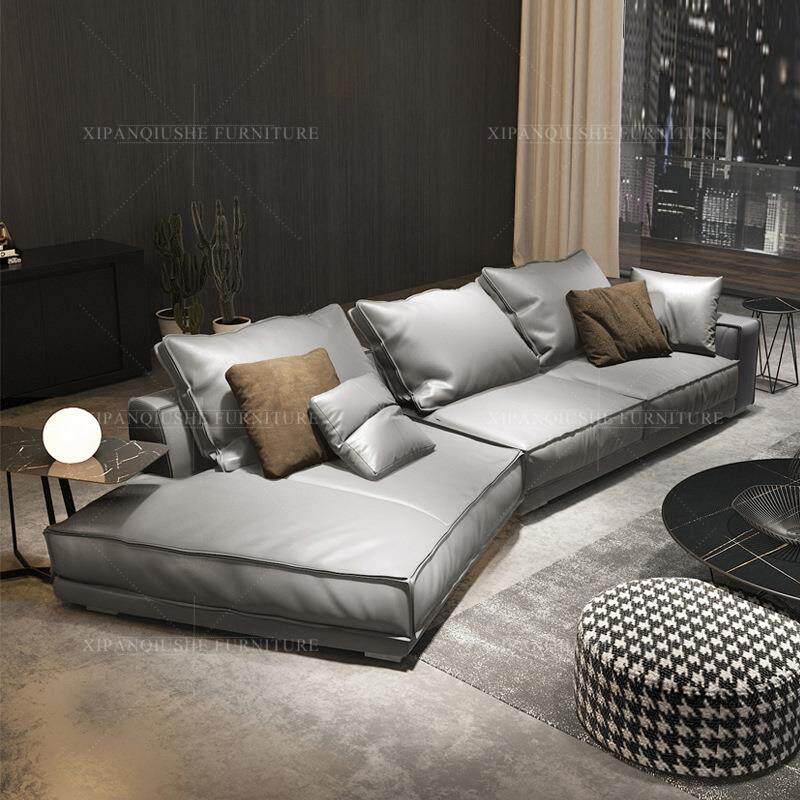 意大利新款创意异形转角真皮沙发意式轻奢弧形贵妃皮艺沙发