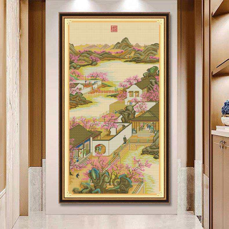 雍正十二月三月十字绣新款2022线绣古典名画客厅风景玄关手工自绣