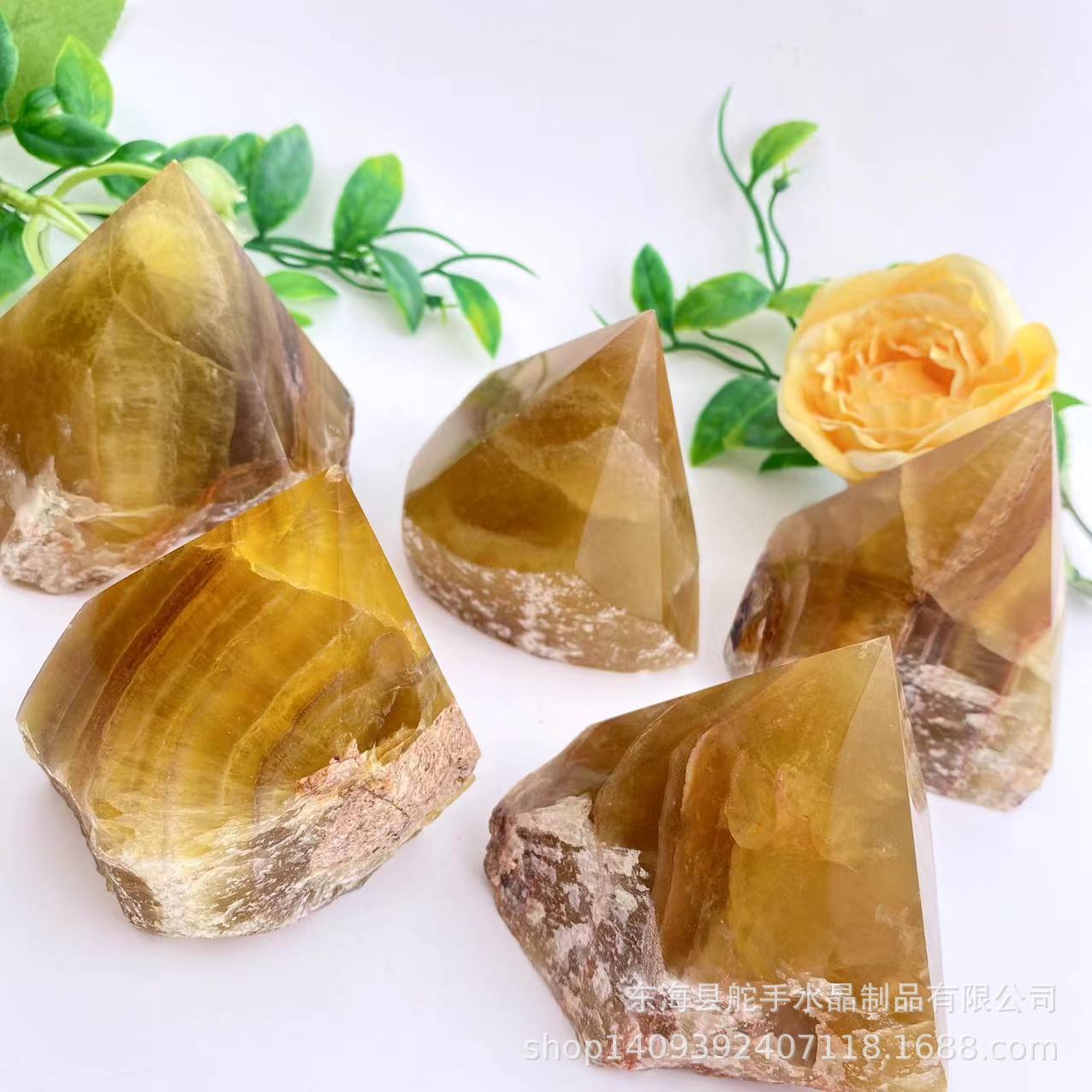 热销~天然晶体黄冰冻六面柱原石切割打磨原石尖家居消磁摆件