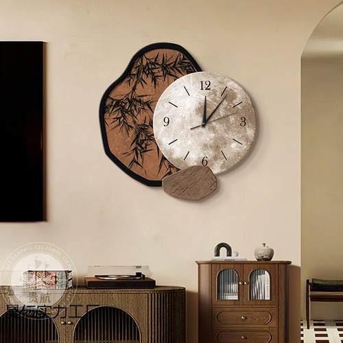 中古风墨竹客厅挂钟装饰画新中式钟表挂画复古餐桌灯壁画家用灯画