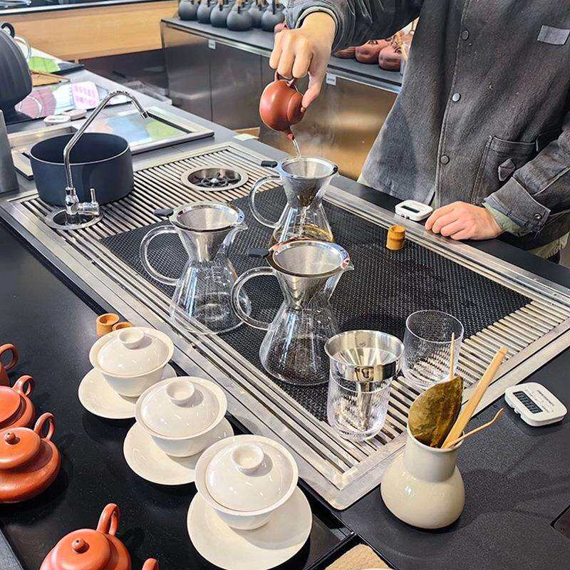 新中式茶饮吧台设备养生操作台水槽嵌入式滤水茶盘304不锈钢图片