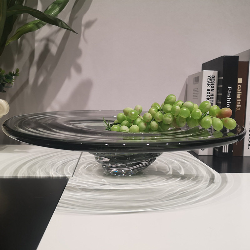 简约水波纹草帽玻璃果盘样板间客厅茶几餐桌面琉璃创意托盘摆件