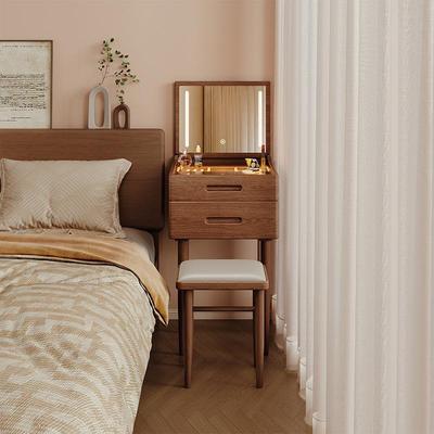 实木梳妆台小型卧室迷你极窄床头柜中古风一体翻盖化妆桌镜小户型