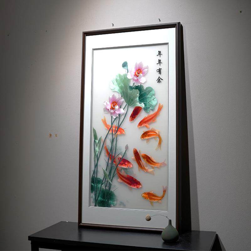 新中式高端年年有余装饰画纯手工苏绣刺绣画玄关过道走廊成品挂画