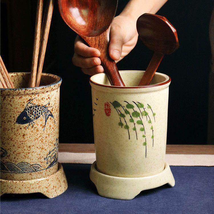 日式陶瓷筷子筒筷笼家用厨房篓创意复古餐具勺子沥水筷架收纳
