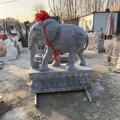 曲阳石雕大象摆件晚霞红门口石象一对大理石看门摆件
