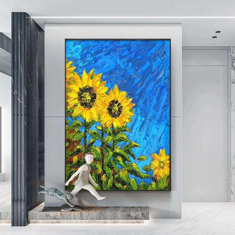 纯手绘成品油画玄关挂画餐厅装饰画现代简约走廊壁画花卉向日葵画图片
