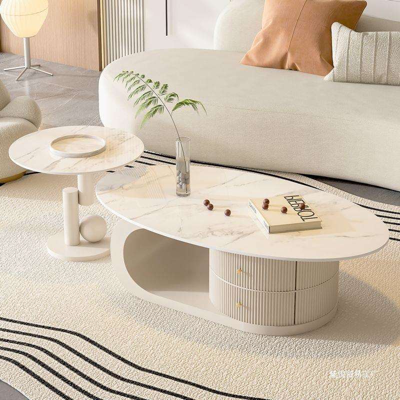 椭圆形岩板茶几客厅家用现代简约小户型奶油风小茶几网红金属