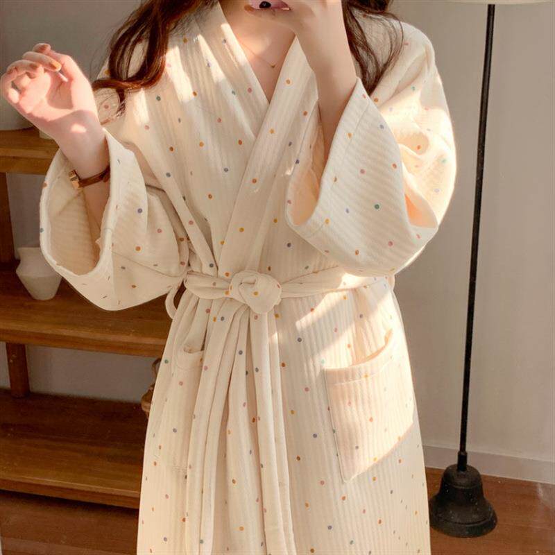 2023秋冬新款睡袍女保暖夹丝绵浴袍长款彩色圆点家居服睡袍