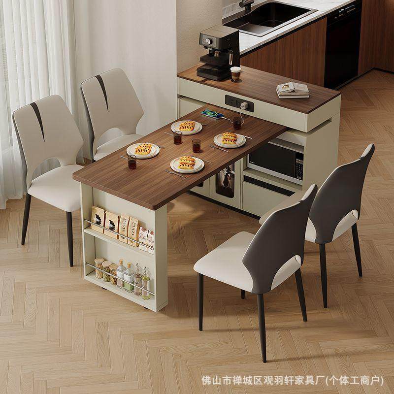 新款中古风实木岛台餐桌一体家用小户型可旋转伸缩客厅泡茶吧台桌