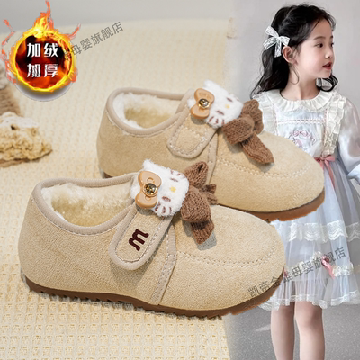 女童加绒勃肯鞋皮鞋2025秋冬新款儿童KT猫单鞋软底防滑可爱公主鞋