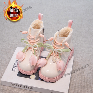 百搭公主靴子女童加绒马丁靴儿童皮靴郁金香2026秋冬短靴女宝棉靴