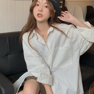 显瘦polo领衬衫 纯欲休闲中长款 女百搭宽松简约纯色慵懒风上衣